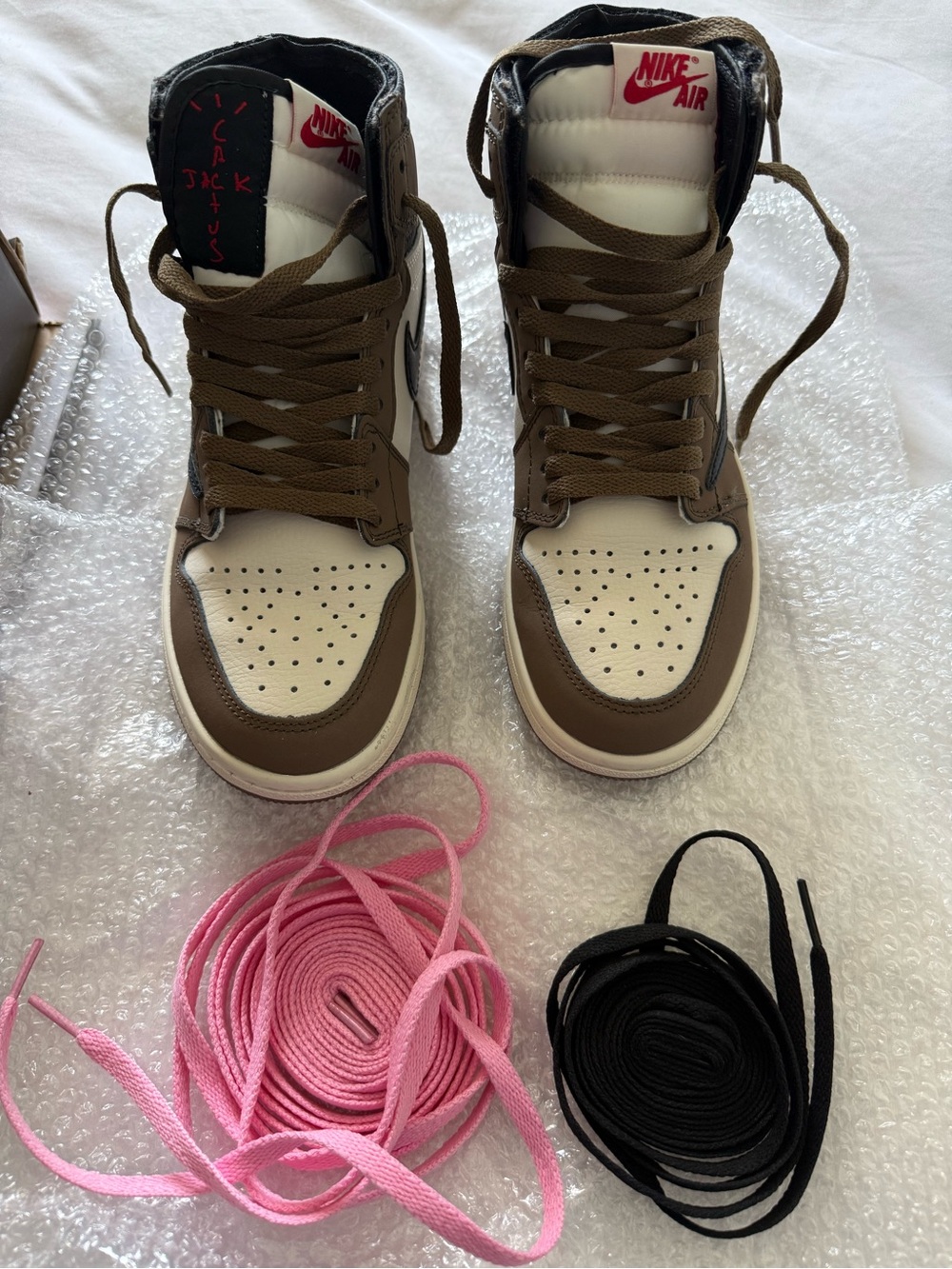 Nike Brown and White High-Top Sneakers with Pink & Black Laces
